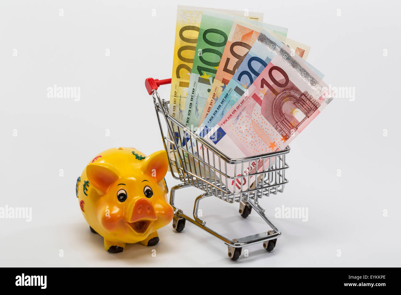 I carrelli della spesa, a banconote diverse, salvadanaio, immagine simbolica, acquisti, salvataggio Foto Stock