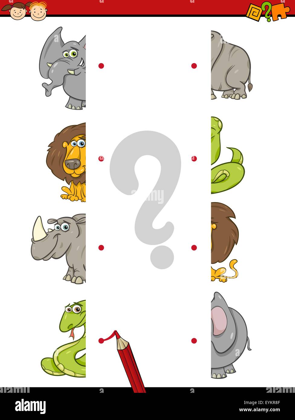 Cartoon illustrazione di istruzione corrisponde a metà Attività per bambini con caratteri di origine animale Illustrazione Vettoriale