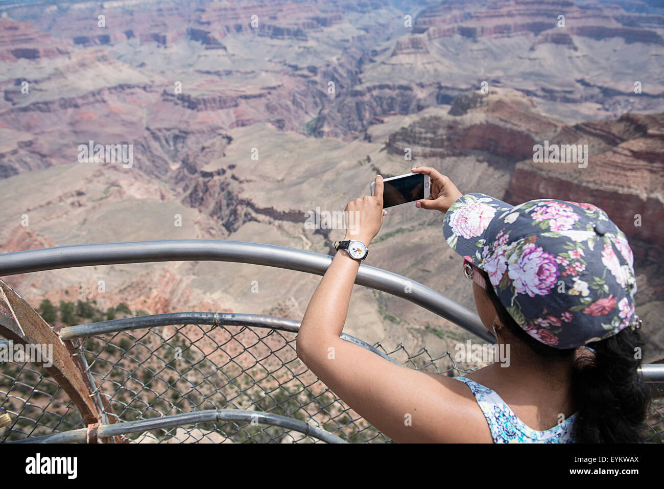 Una donna di scattare le foto del Grand Canyon sul suo iphone. Foto Stock