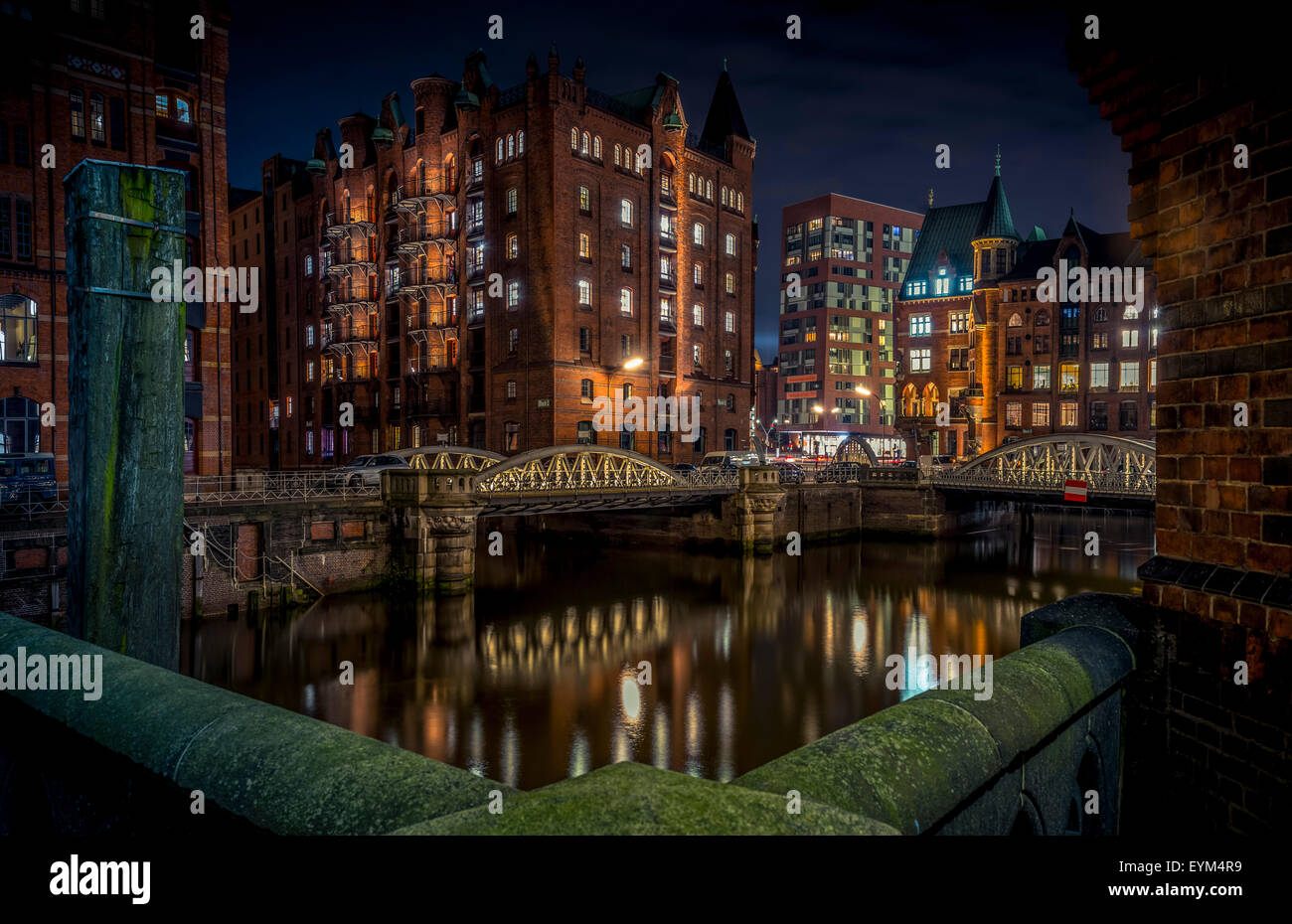 Germania, Amburgo, Speicherstadt (warehouse district), Pickhuben, notte night shot, Foto Stock