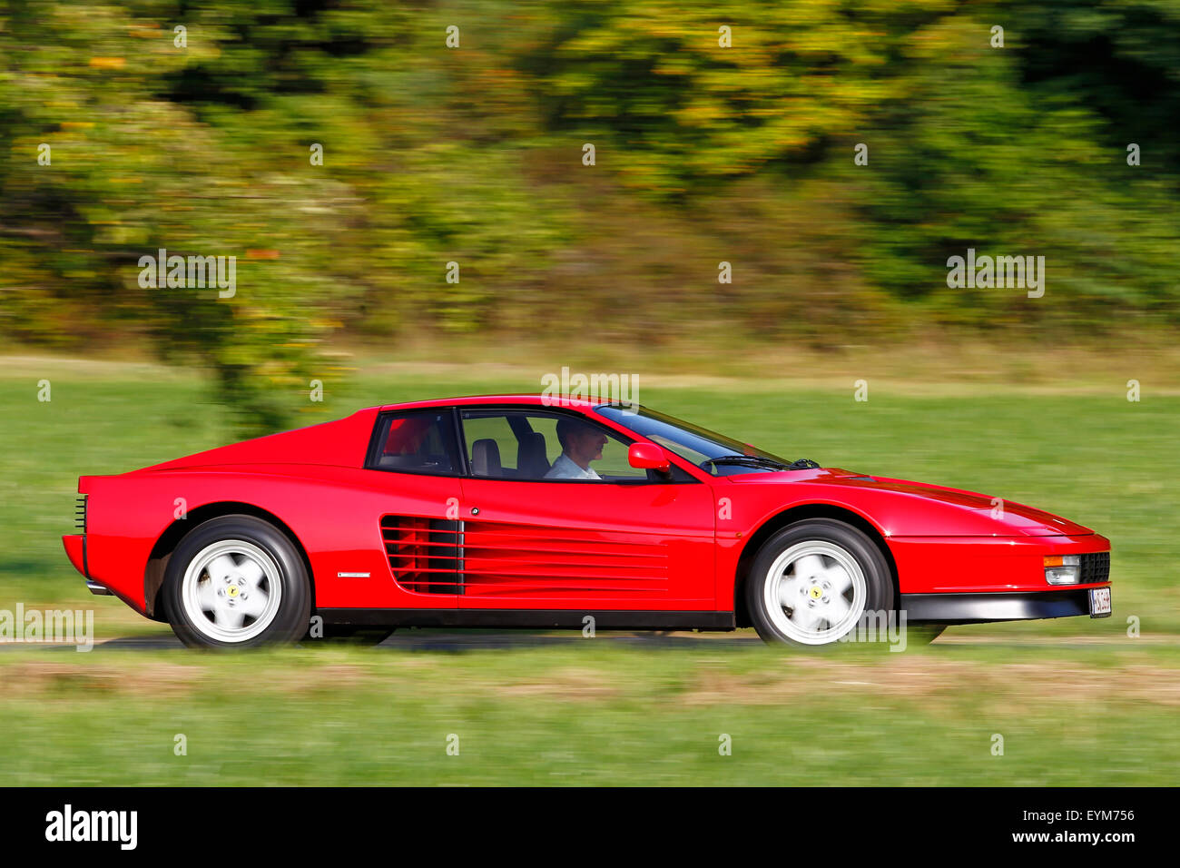 Auto Ferrari Testarossa, auto d'epoca, Anno di costruzione sconosciuta, red, spostando il panning su strada di campagna, Foto Stock