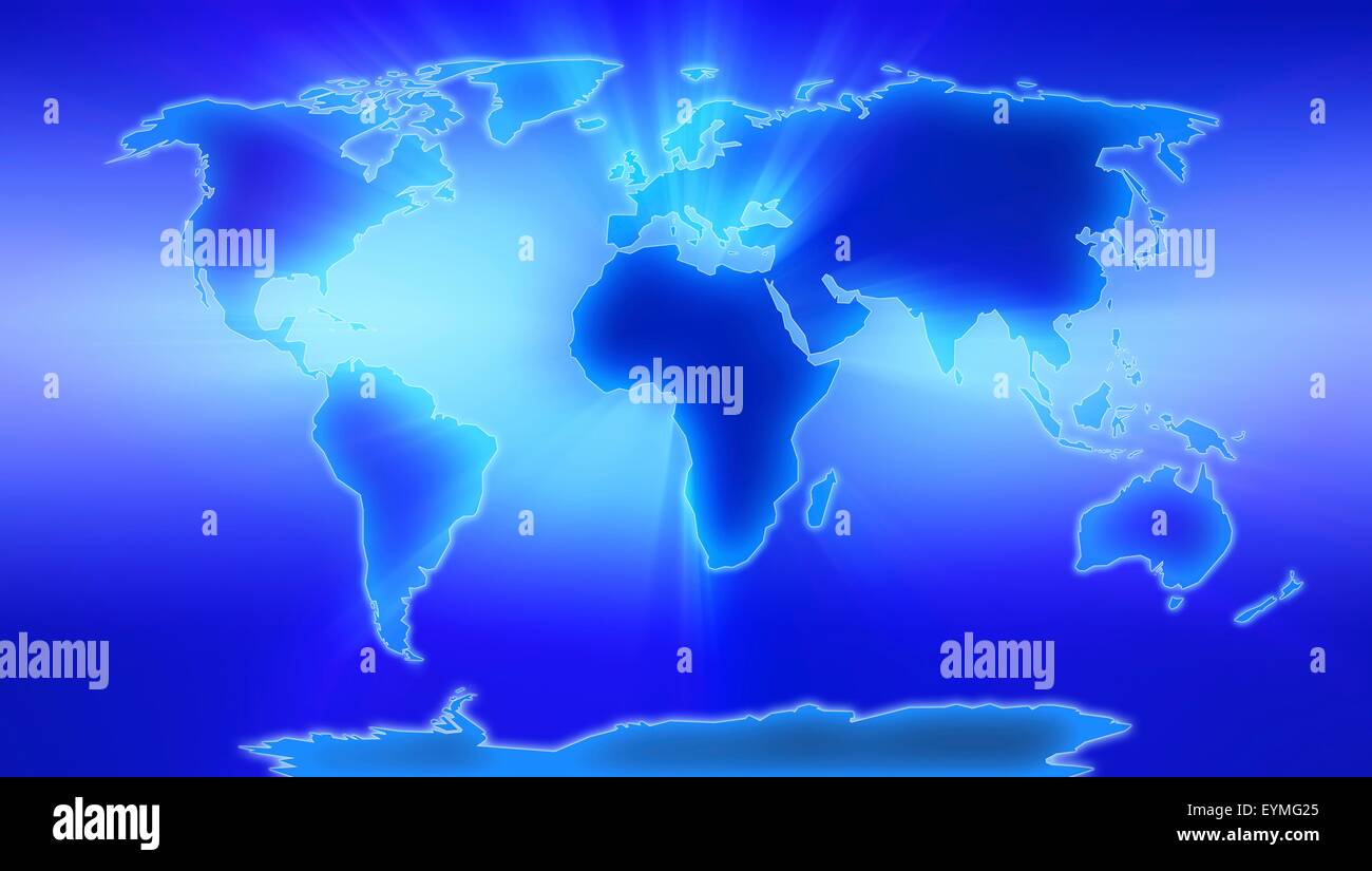 Computer grafica di una mappa del mondo che illustra i 7 continenti:  Africa, America del Nord e America del Sud, Asia, Australia, Europa e  l'Antartide Foto stock - Alamy
