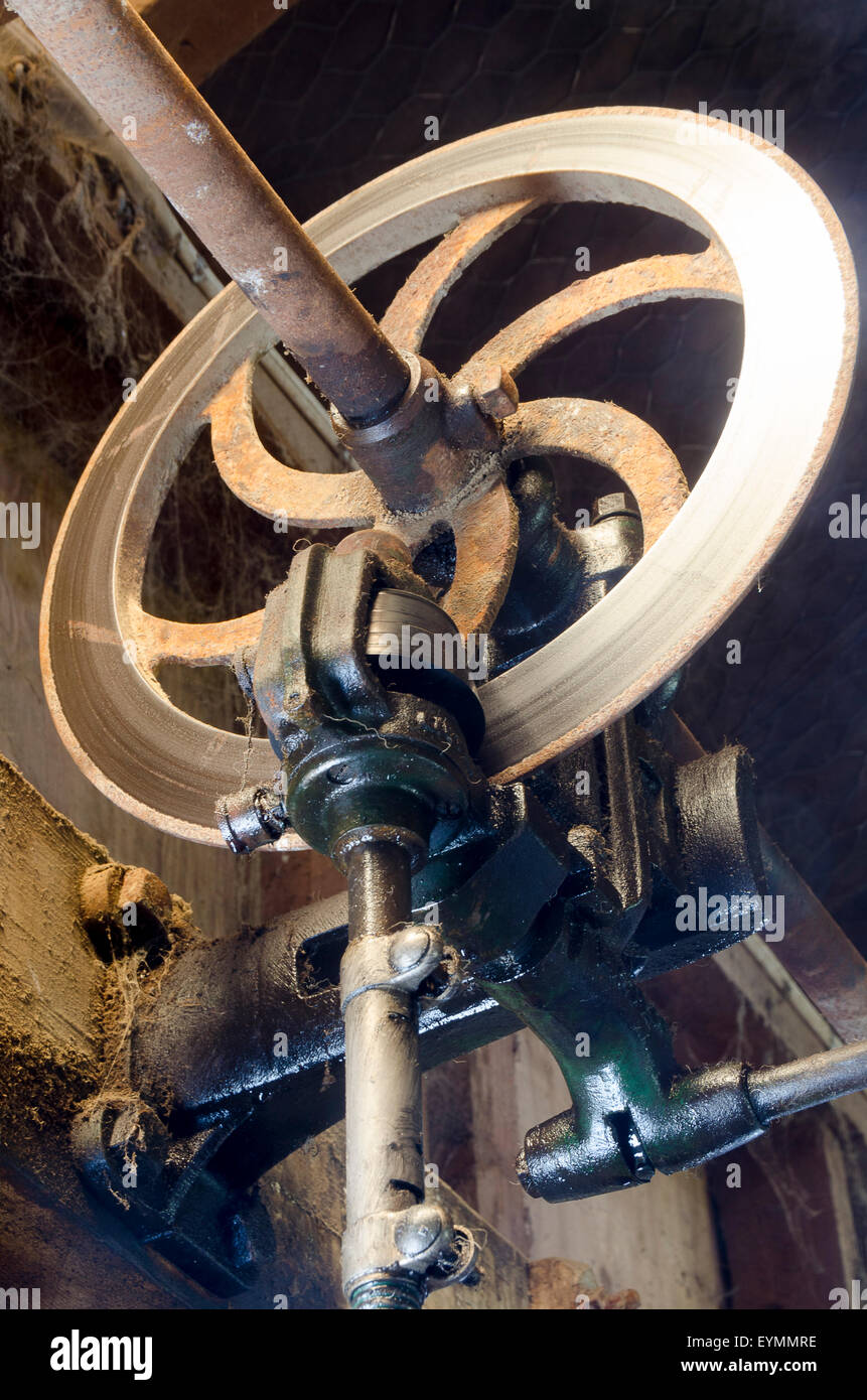 Ruota motrice per apparecchiature di taglio, di tranciatura shed, Glenburn, Wairarapa, Isola del nord, Nuova Zelanda Foto Stock