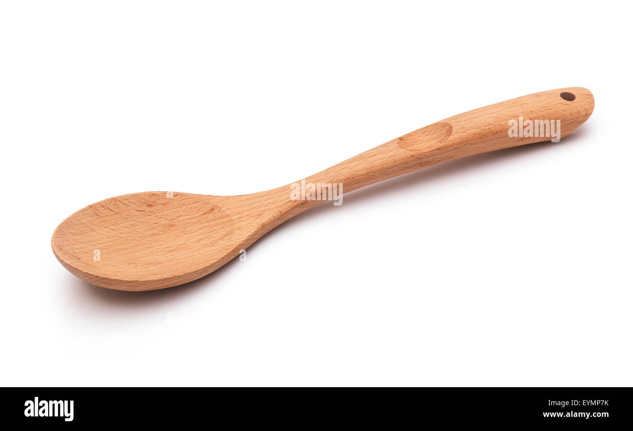 Cucchiaio di legno isolato su sfondo bianco Foto Stock