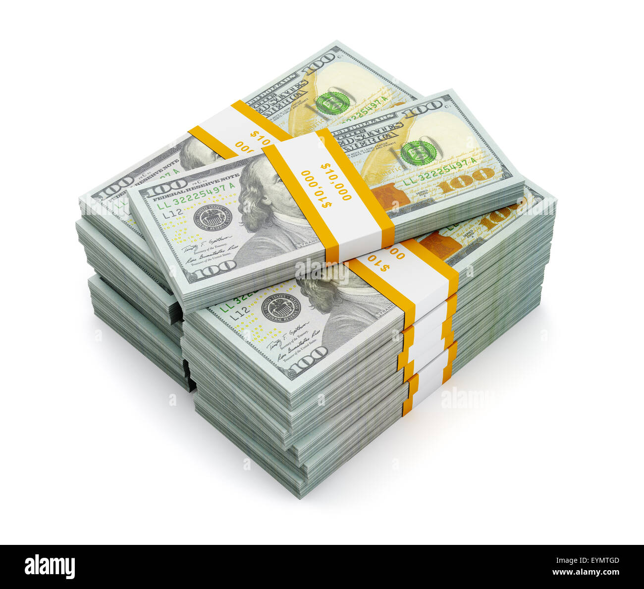 Azienda creativa finanza fare soldi concetto - stack di nuovo nuovo 100 dollari US 2013 edition banconote (fatture) pacchi isolato Foto Stock