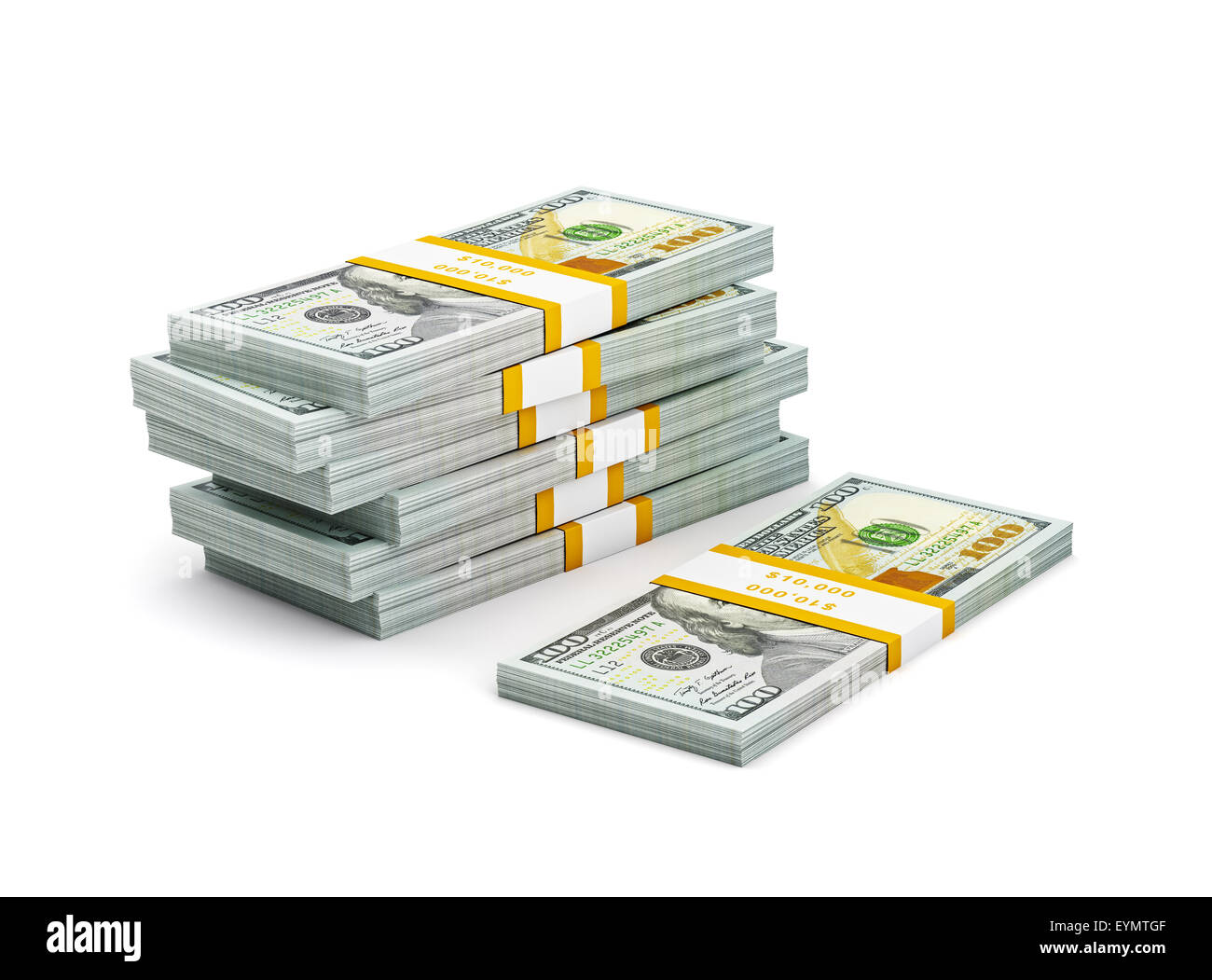 Azienda creativa finanza fare soldi concetto - stack di nuovo nuovo 100 dollari US 2013 edition banconote (fatture) pacchi isolato Foto Stock