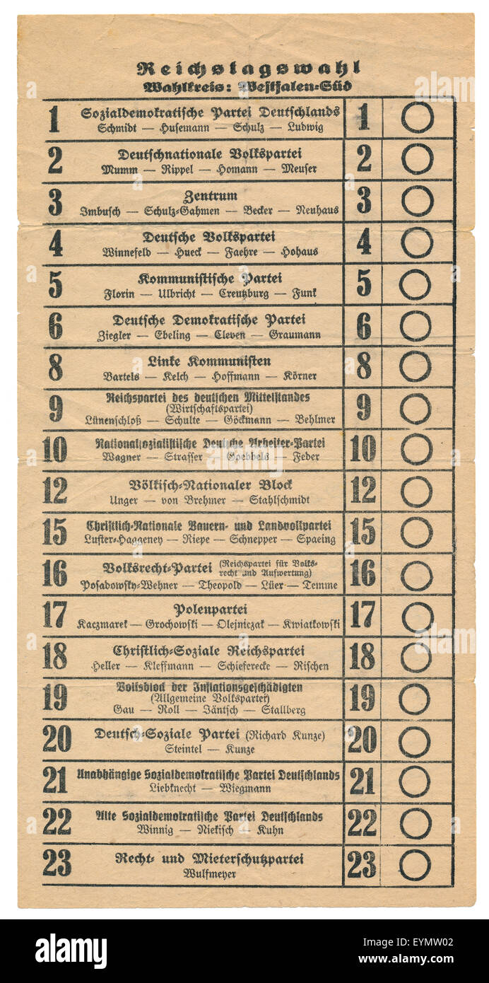 Scheda di polling del tedesco elezioni federali, 20 maggio 1928, Impero Tedesco, Europa Foto Stock