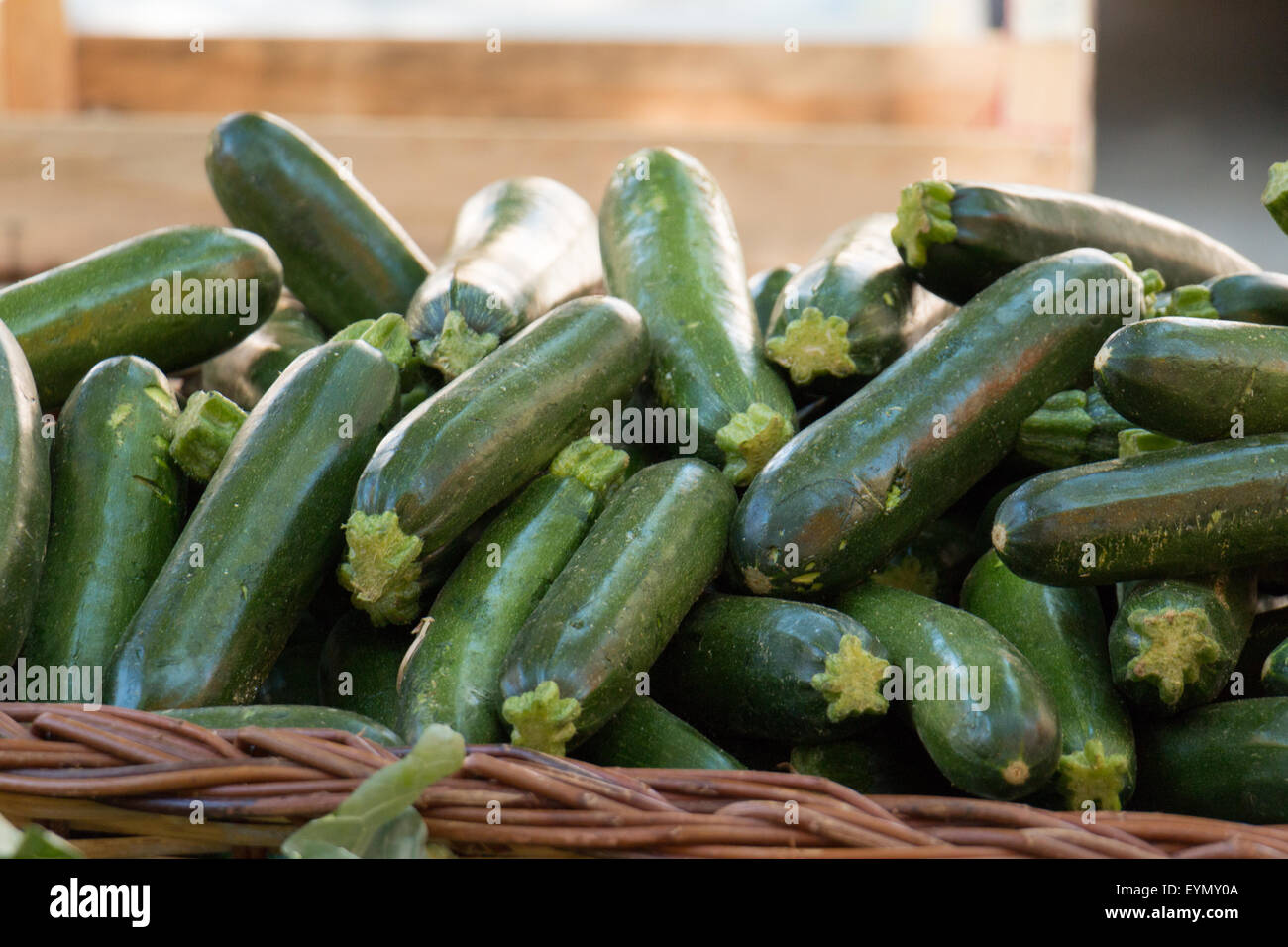 Le zucchine sul display per la vendita al mercato agricolo Foto Stock