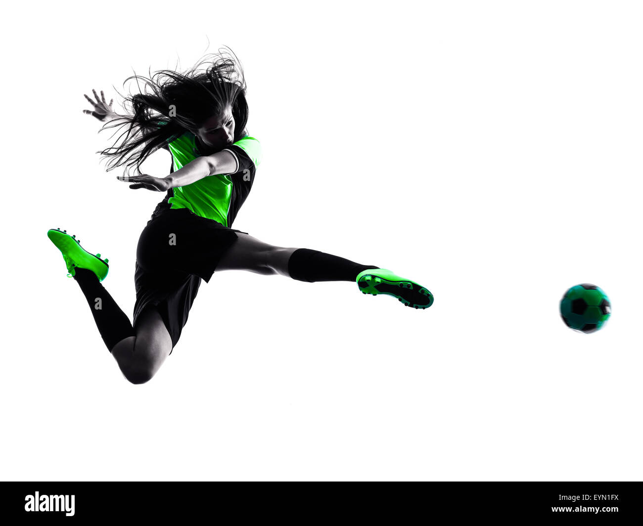 Una donna che giocano a calcio player in silhouette isolati su sfondo bianco Foto Stock