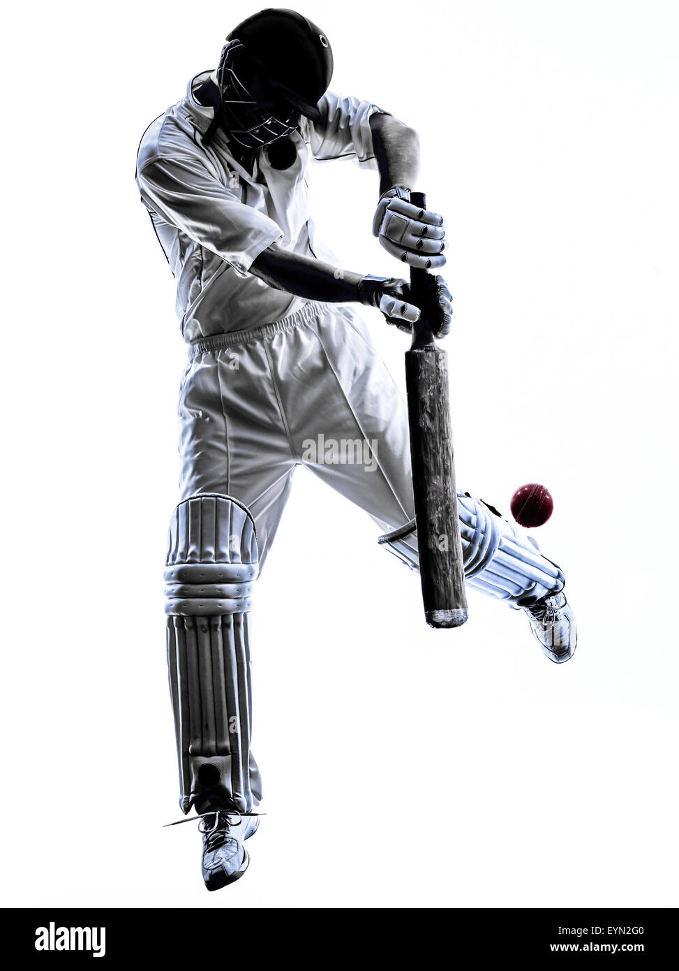Giocatore di cricket battitore in silhouette ombra su sfondo bianco Foto Stock