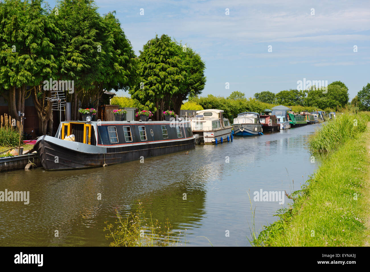 Barche ormeggiate lungo banco di Birmingham e Fazeley Canal vicino a Sutton Coldfield, West Midlands, Regno Unito Foto Stock