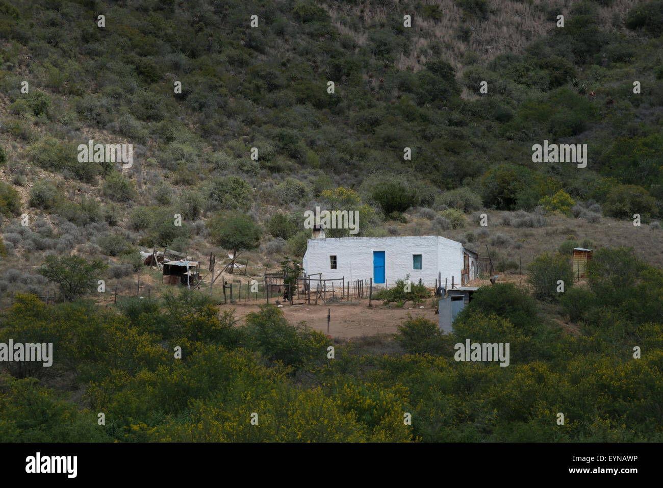 Semplice casa di pietra del lavoratore agricolo, Oudtshoorn, Western Cape, Sud Africa Foto Stock