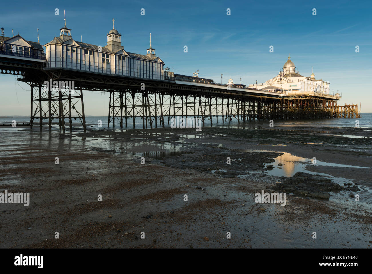 Eastbourne Pier come visto dal litorale con la bassa marea. East Sussex, Inghilterra, Regno Unito. Foto Stock