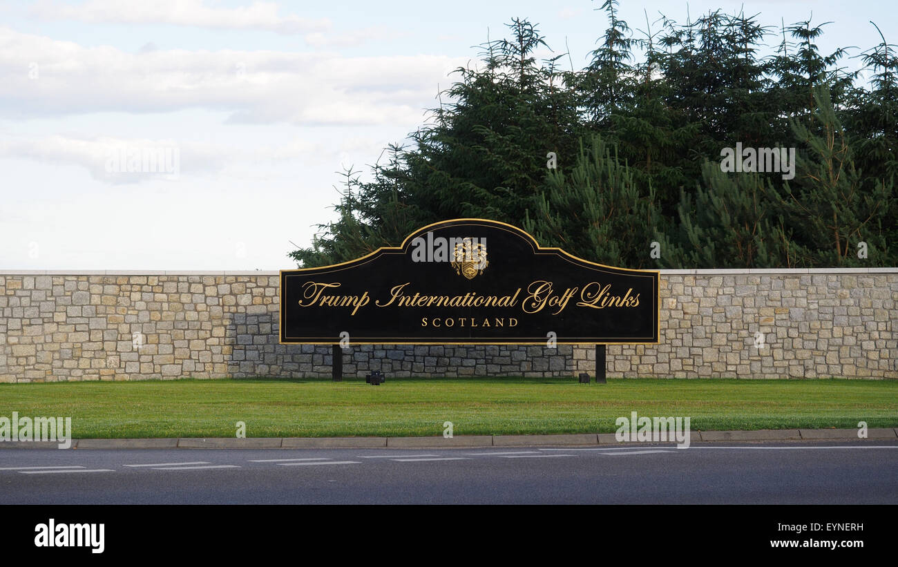 Firmare all'entrata al Trump International Golf Links in Aberdeenshire, Scozia. Foto Stock