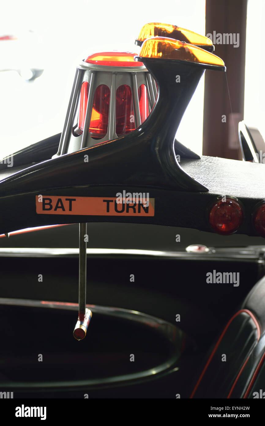 L'interno della Batmobile originale per la serie TV con Adam West e Burt Ward Foto Stock
