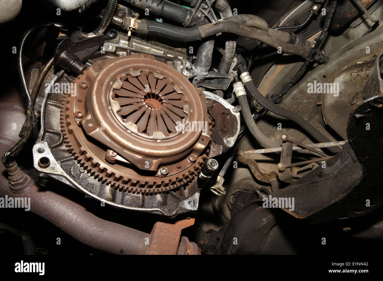 Dettaglio della trasmissione auto in garage. Foto Stock