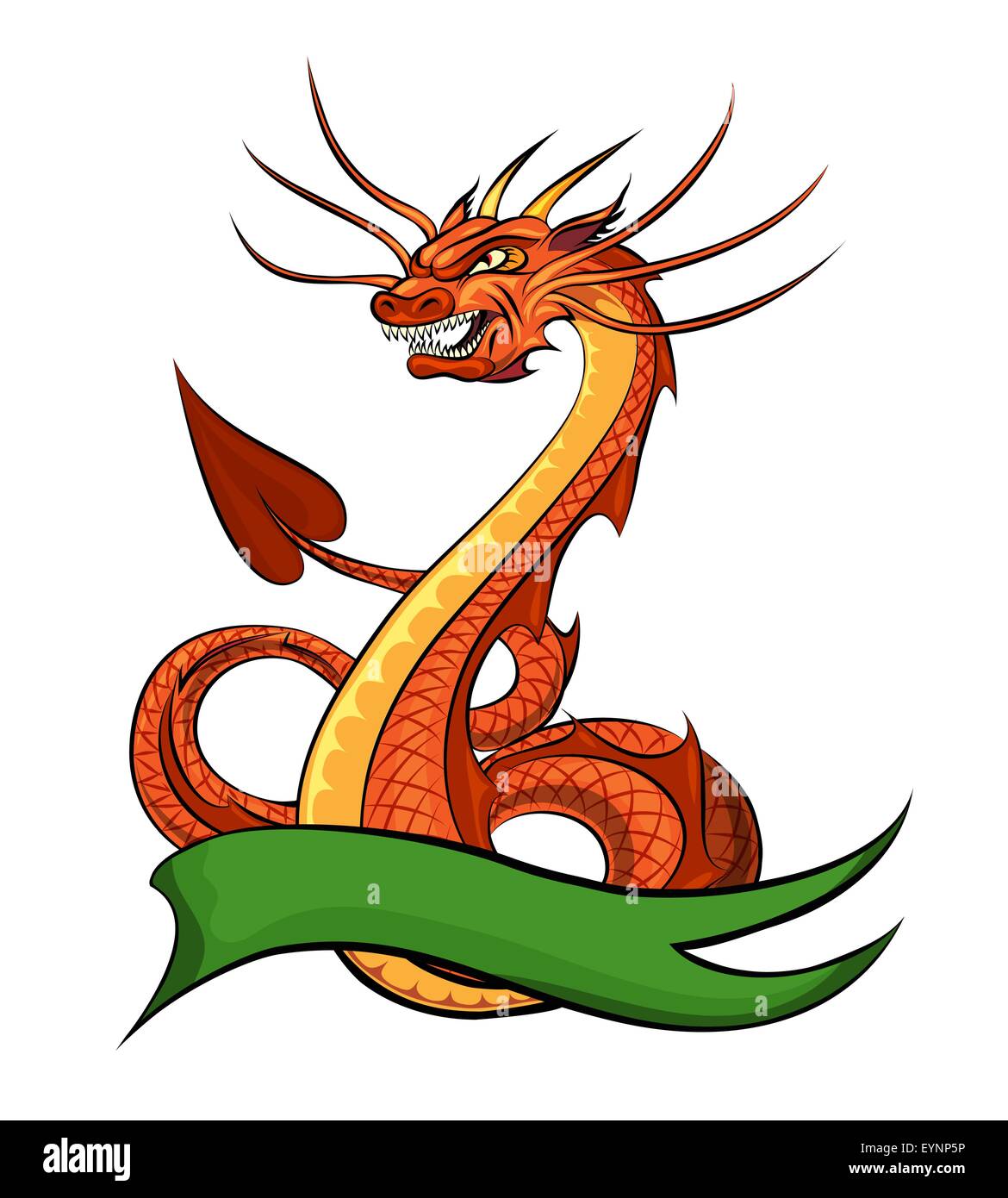 Drago Rosso e nastro di verde per il vostro testo isolato su bianco. Illustrazione in stile cartoon. Illustrazione Vettoriale