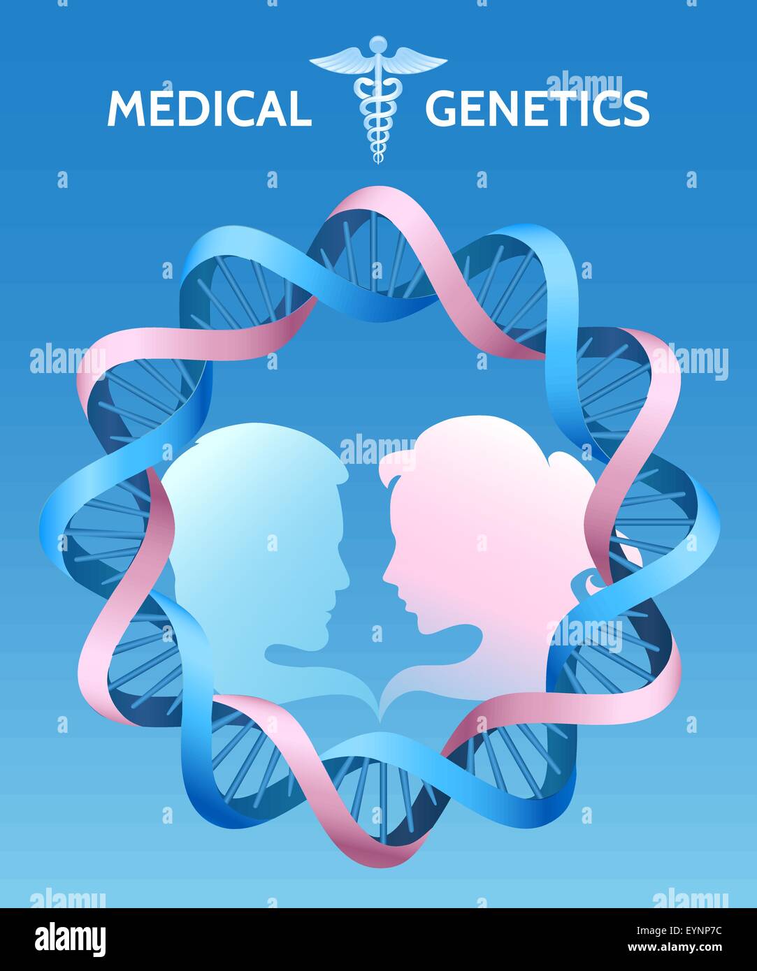 Genetica Medica o medico di famiglia modello. Sagome di giovane ed elica di DNA. Illustrazione Vettoriale