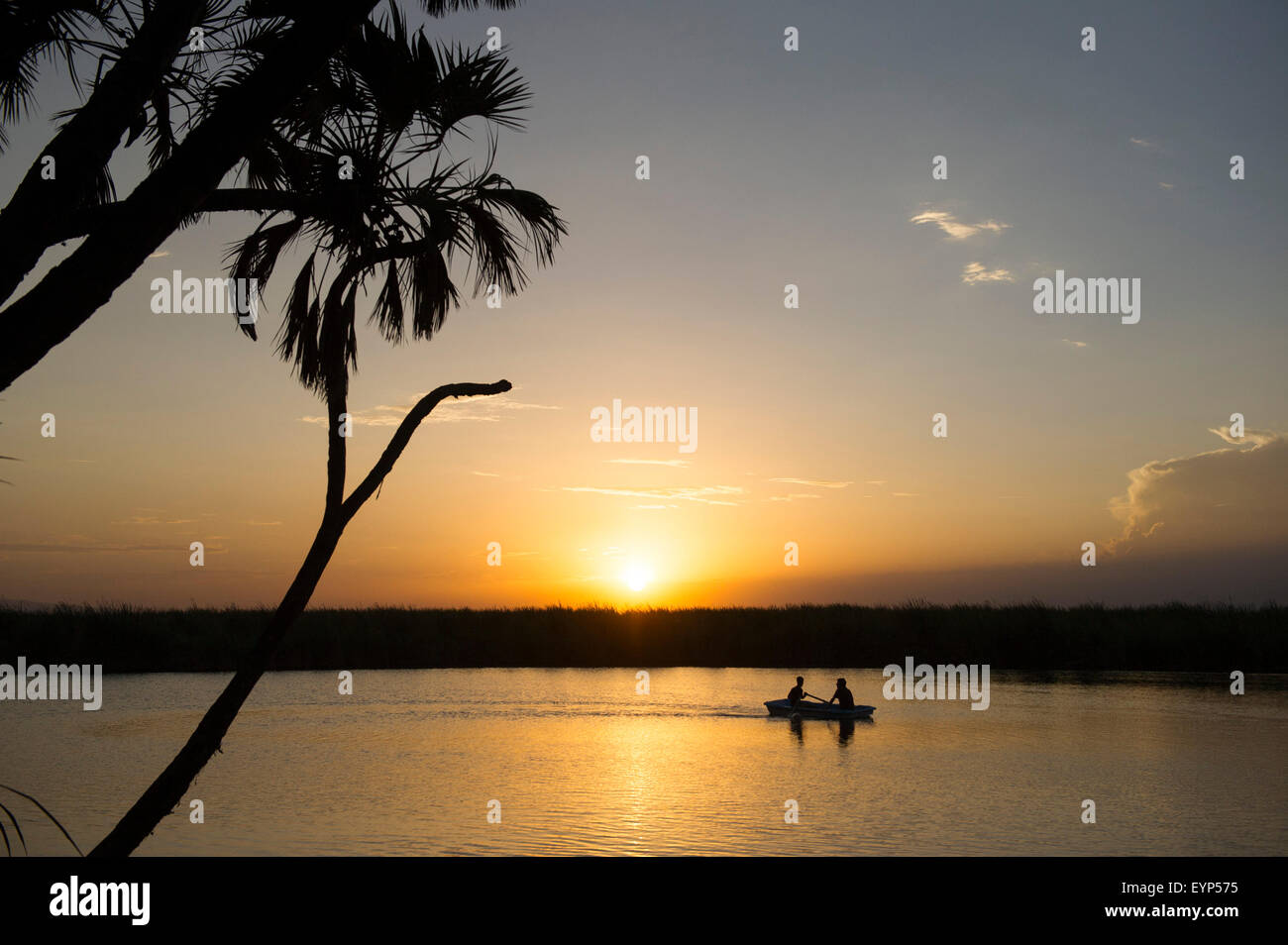 Gite in barca al tramonto sul Doho Hot Springs, inondato National Park, Etiopia Foto Stock