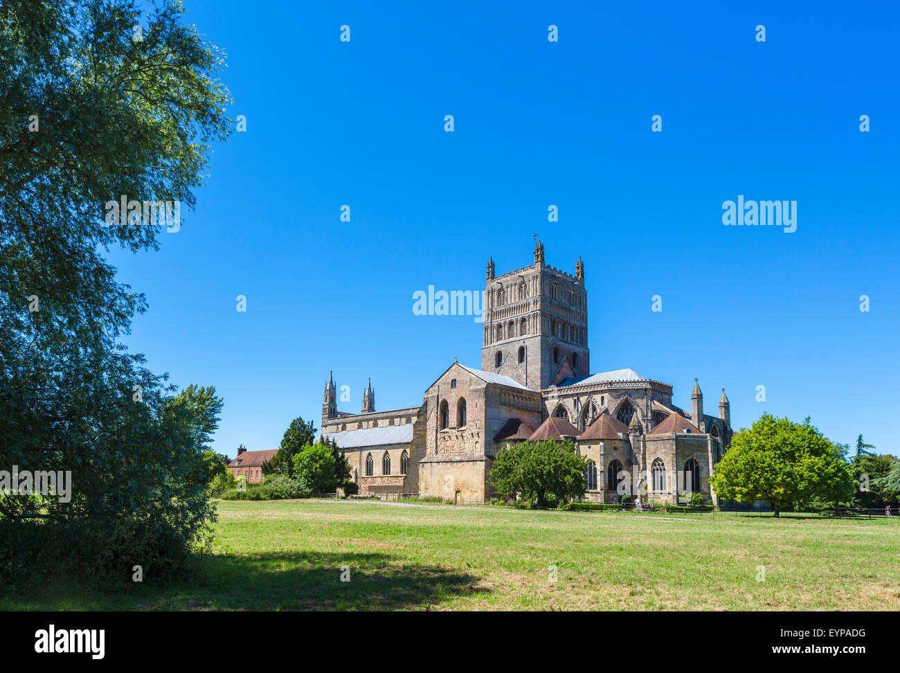 Tewkesbury Abbey o la chiesa abbaziale di Santa Maria Vergine, Tewkesbury, Gloucestershire, England, Regno Unito Foto Stock