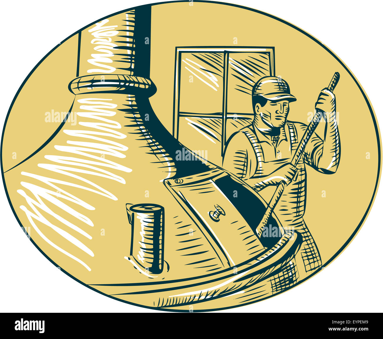 Incisione Incisione stile artigianale illustrazione di un mastro birraio brewer agitando la birra in brew bollitore alla birreria imposta all'interno di forma ovale. Foto Stock