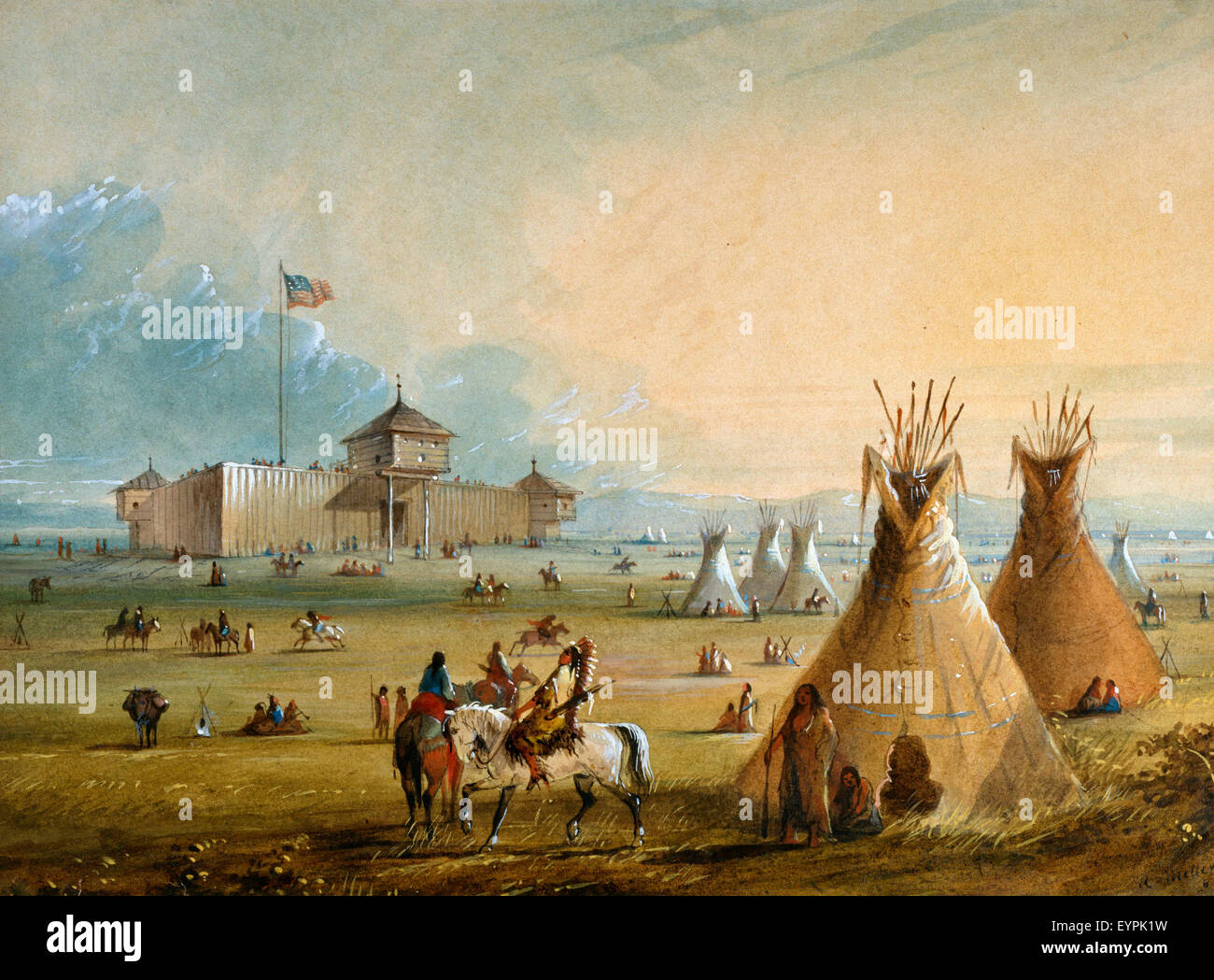 Fort Laramie, Wyoming, circa 1840 Alfred Jacob Miller dipinta nel 1860 circa Foto Stock