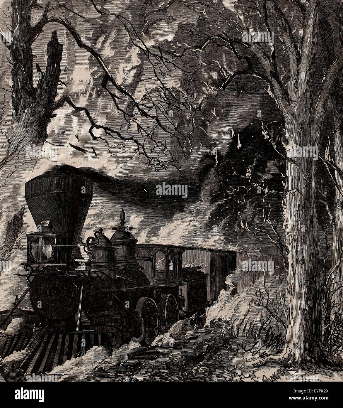 Viaggiando attraverso il fuoco - timoroso il pericolo di un convoglio ferroviario, a Cedar Swamp. sulla Ferrovia Orientale, Maine, domenica 17 settembre, 1865 Foto Stock