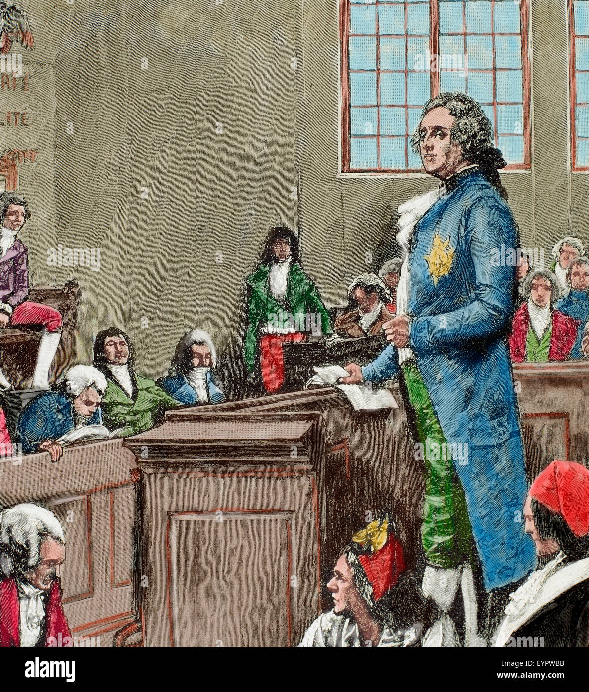 Rivoluzione francese (1789-1799). La convenzione. Il giudizio di Luigi XVI di Francia. Incisione. Storia della Francia, 1882. Colorati. Foto Stock