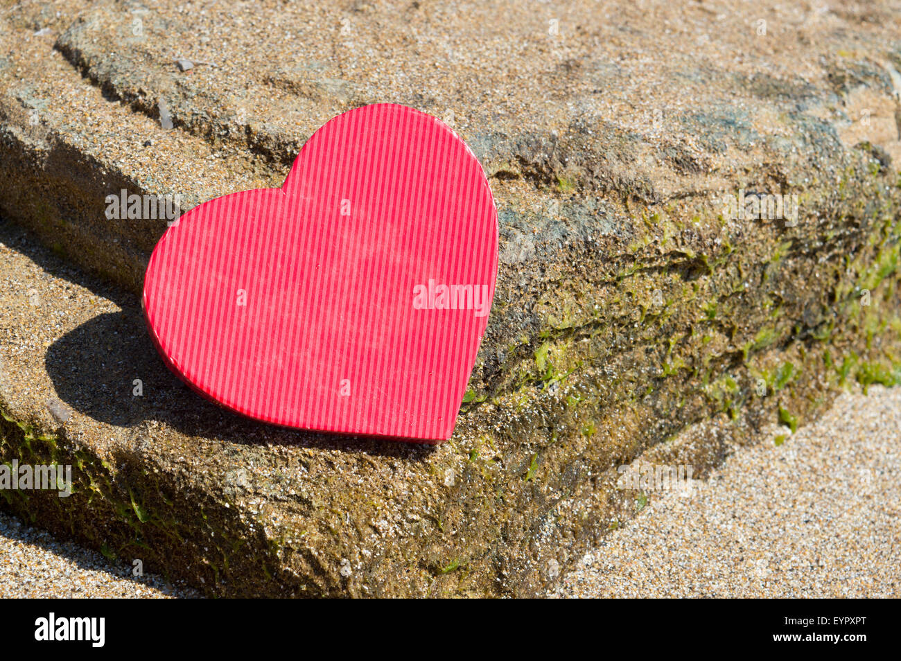 Forma di cuore collocato su una spiaggia rocciosa. Summer love abstract Foto Stock