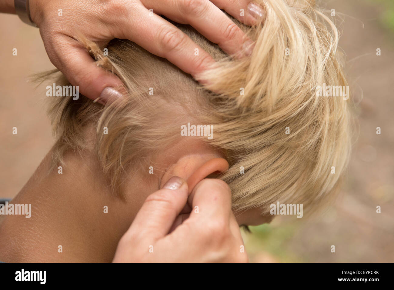 Il trattamento per aspirare i pidocchi - bambino piccolo ragazzo biondo capelli con i pidocchi Foto Stock