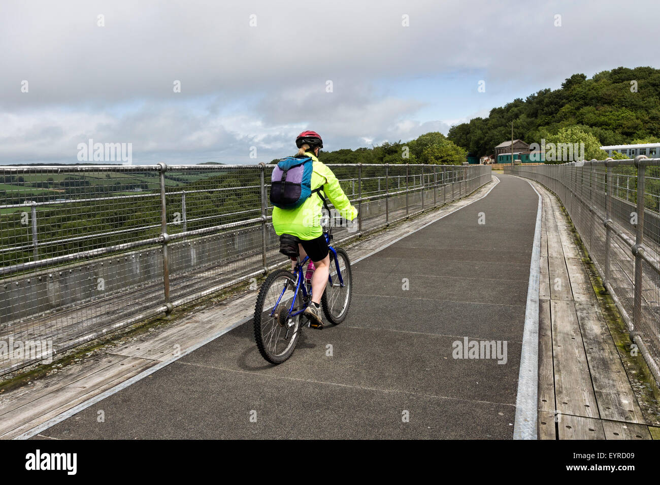 Ciclista attraversando il viadotto Meldon sul modo in granito, Dartmoor Devon Regno Unito Foto Stock