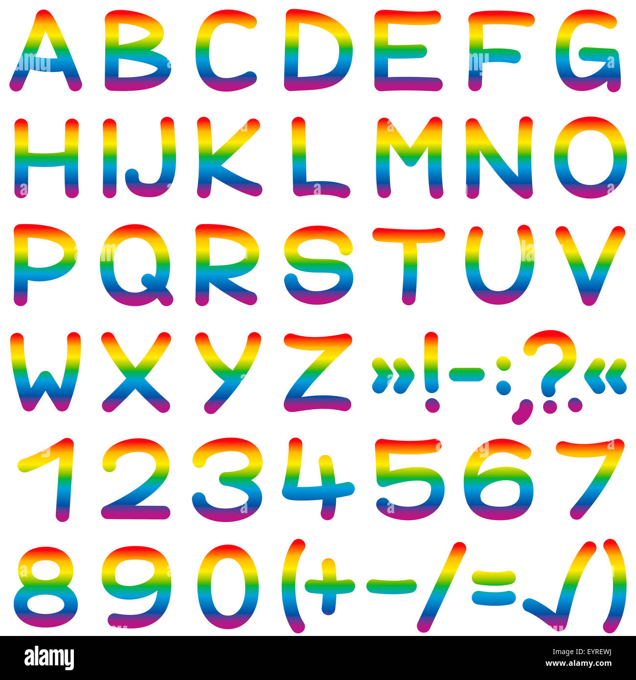 Rainbow alfabeto colorato - lettere, numeri, caratteri - illustrazione su sfondo bianco. Foto Stock
