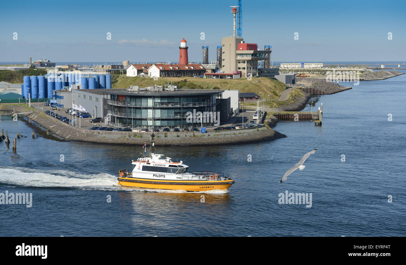 IJmuiden una barca pilota si dirige fuori per incontrare la spedizione in arrivo al porto, passando ardent Building. Paesi Bassi, Unione europea, Europa Foto Stock