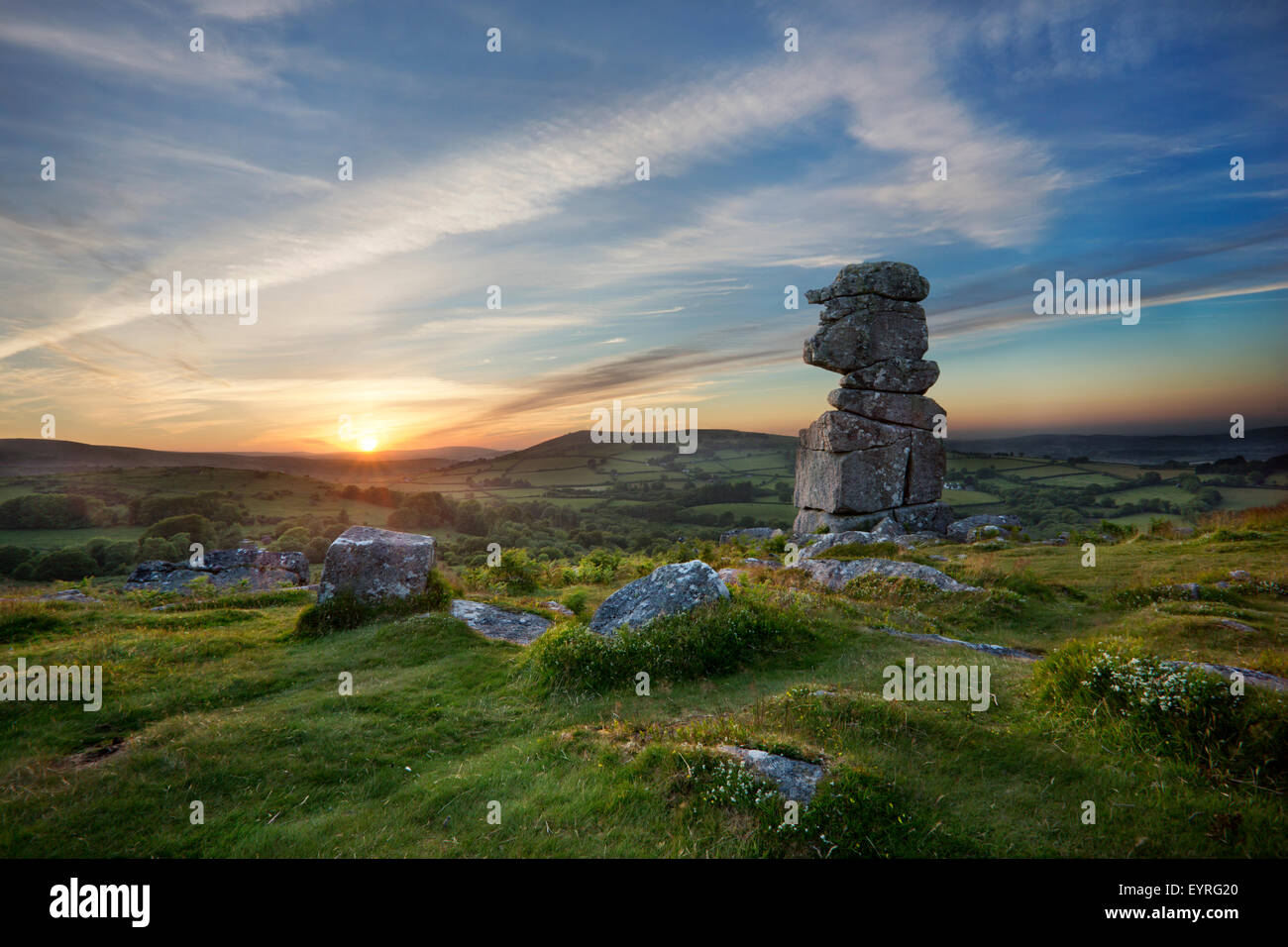 Bowerman del naso del rock-stack al tramonto, Parco Nazionale di Dartmoor, Devon Foto Stock