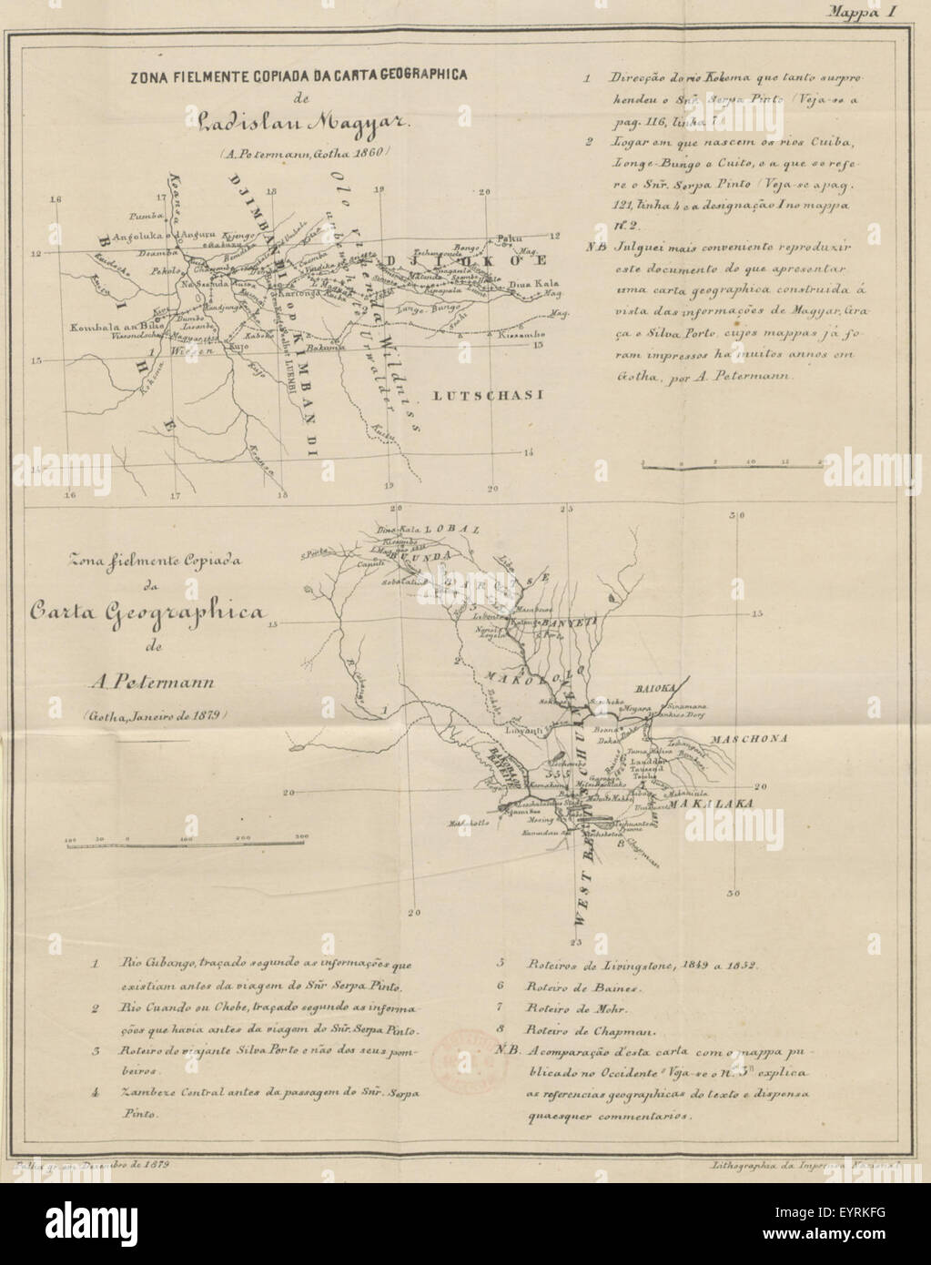 Un'immagine tratta da "AS conferencias e o itinerario do viajante", raffigurante i viaggi di Serpa Pinto attraverso l'Africa meridionale da giugno a dicembre 1878, con studi critici e mappe geografiche. Foto Stock