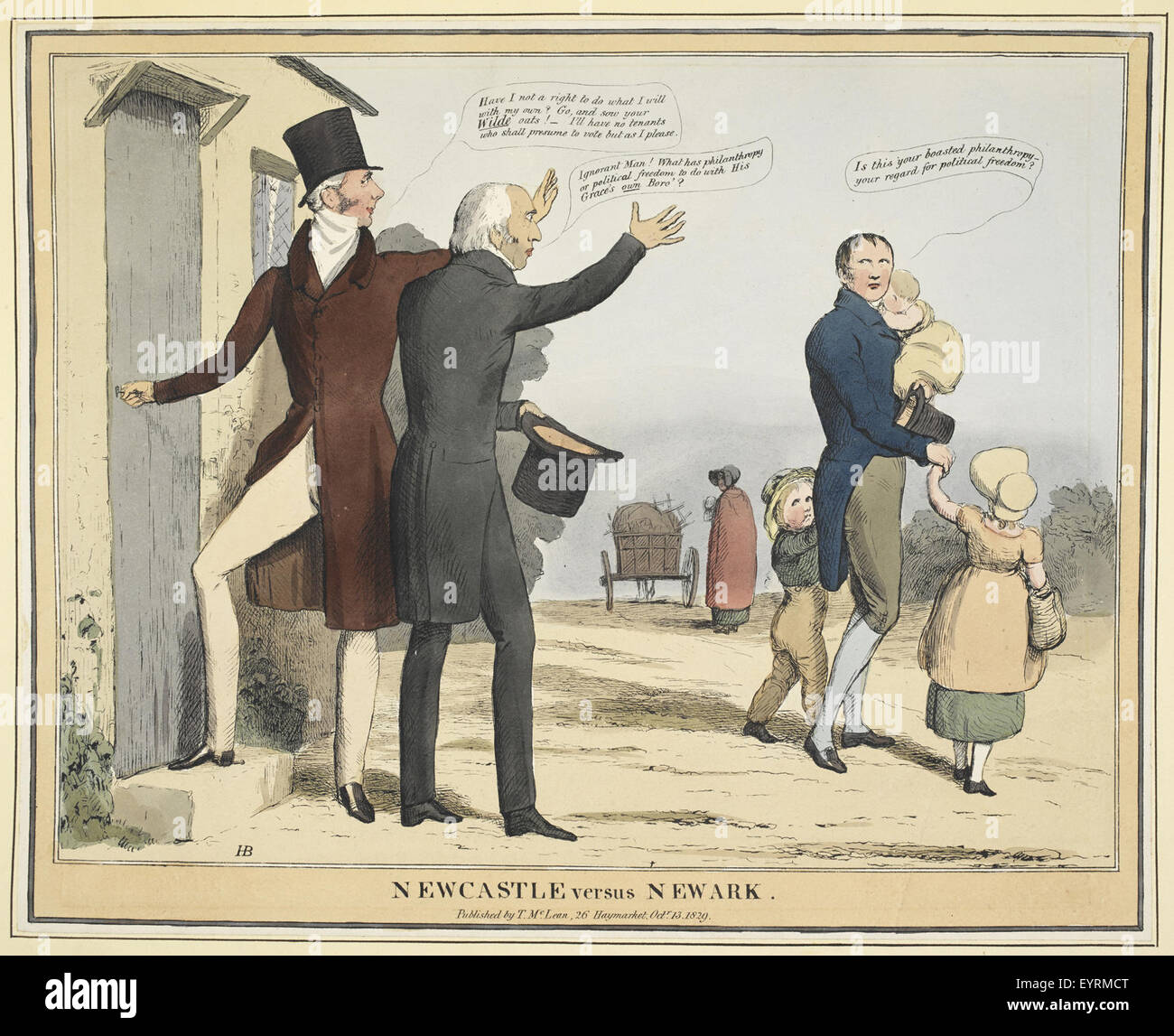 L'immagine presenta uno schizzo politico intitolato "Newcastle Versus Newark", parte di una serie di litografie di John Doyle. Lo schizzo ritrae Henry Pelham-Clinton, il vi duca di Newcastle, durante il suo periodo come deputato per Newark. Foto Stock