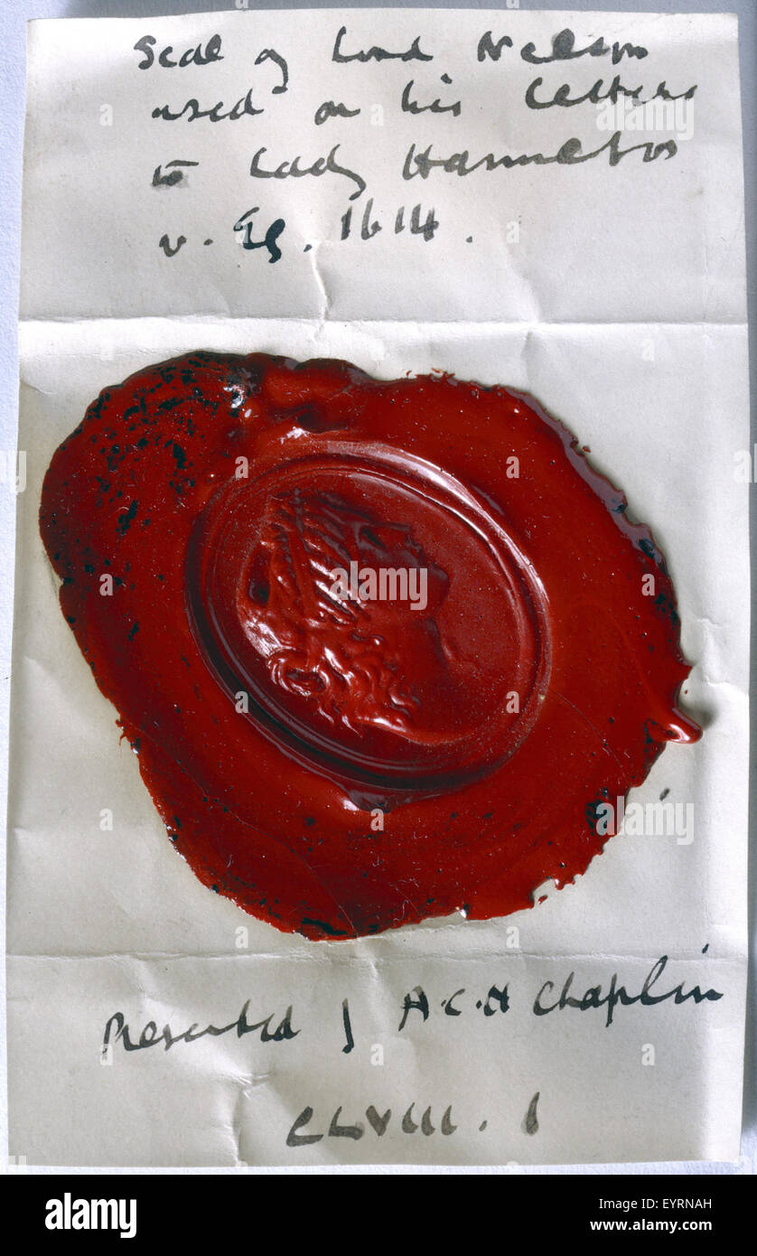 Un'immagine che mostra il sigillo di Lord Nelson, un oggetto storico che rappresenta il famoso eroe navale britannico. Foto Stock