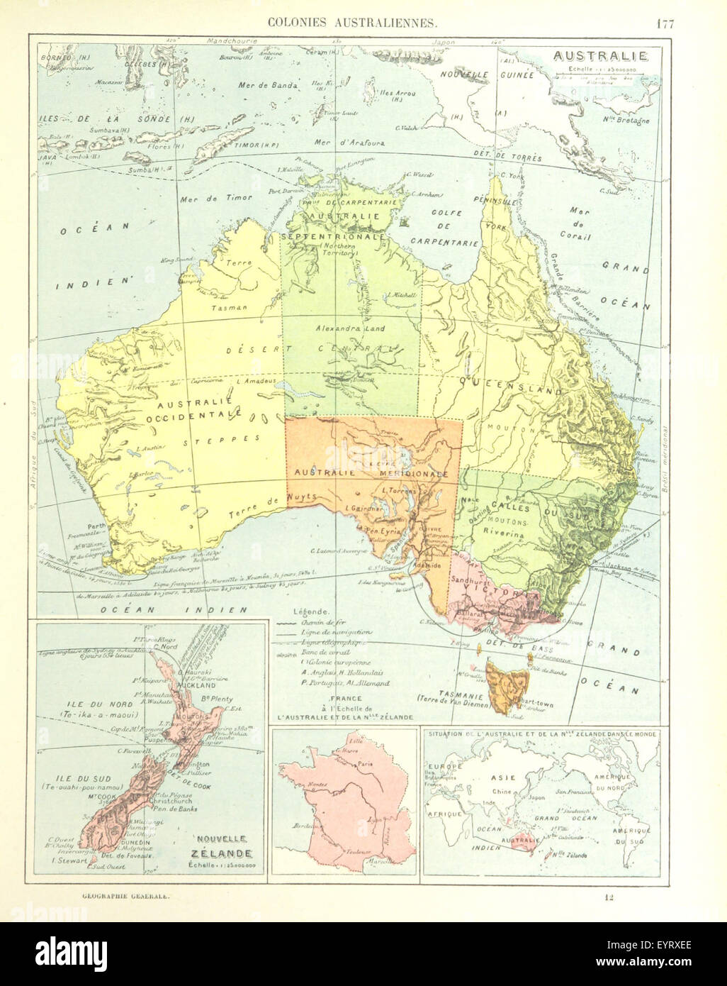La pagina 181 di "Geographie Générale" fornisce informazioni geografiche dettagliate, con mappe e un indice per aiutare nello studio della geografia fisica. Foto Stock