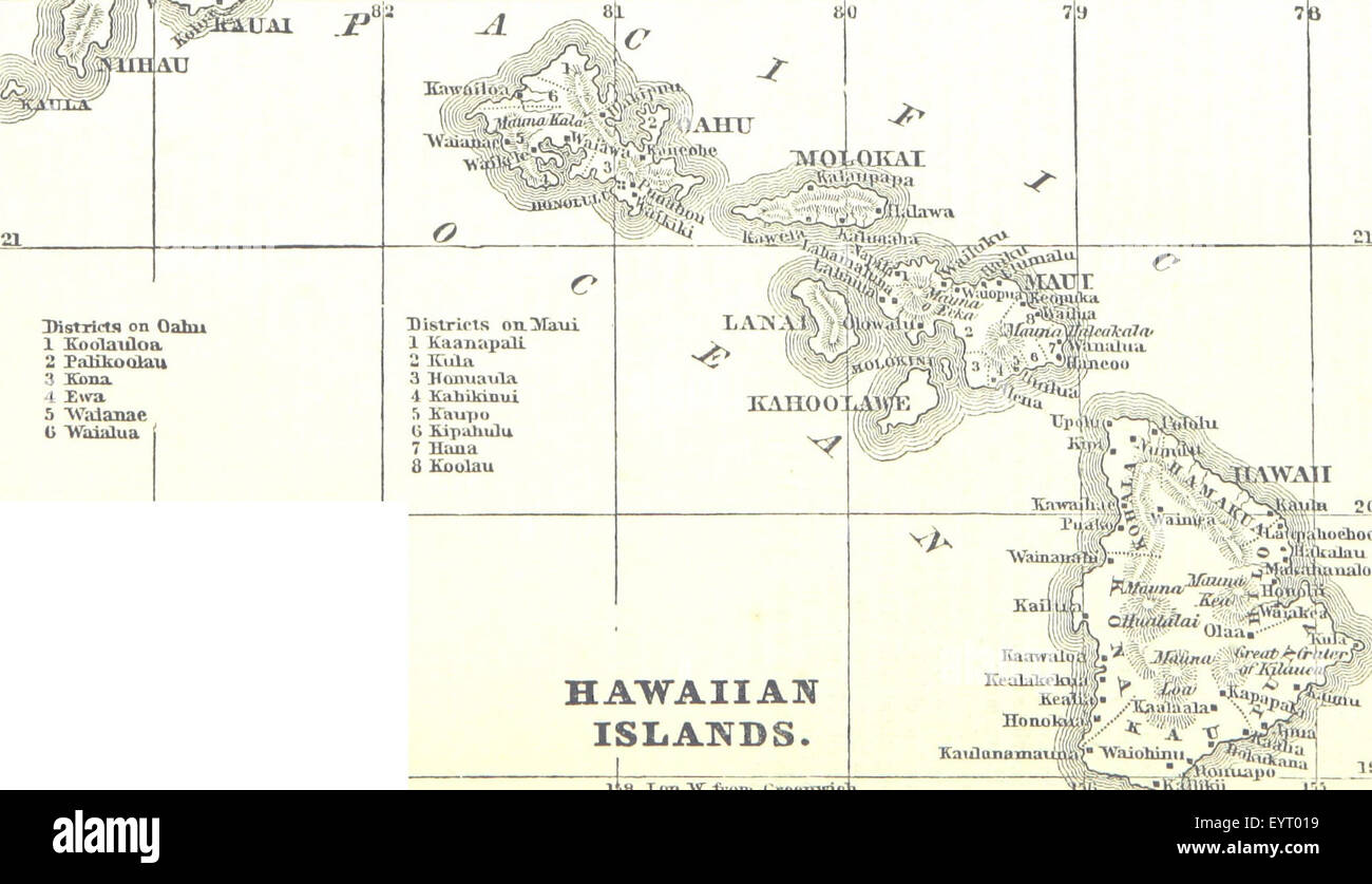 Un'immagine tratta da pagina 204 della "storia delle isole Hawaii", con una mappa che illustra le isole Hawaii e gli eventi storici chiave relativi alla loro scoperta e insediamento. Foto Stock