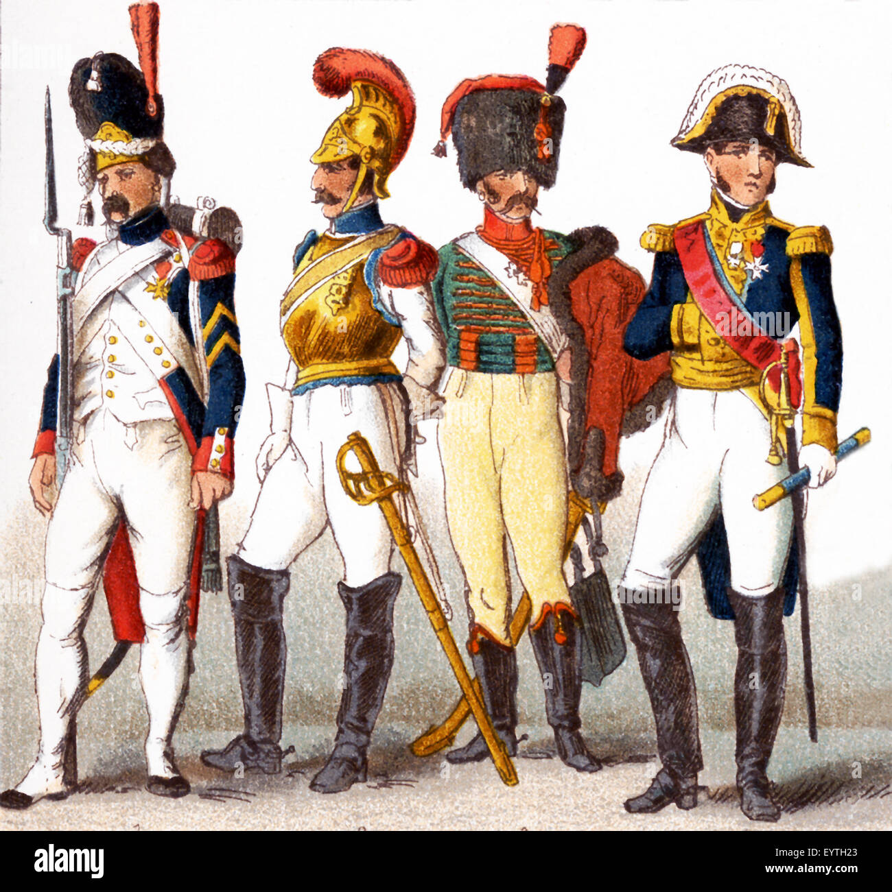 Le figure raffigurate qui rappresentano dei militari francesi nei primi 1800s. Da sinistra a destra essi sono: Granatiere della Guardia Imperiale 1809, moschettone in 1812, chasseur, e il generale 1810. L'illustrazione risale al 1882. Foto Stock