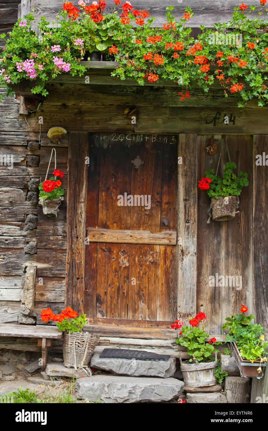 La decorazione floreale attorno a una vecchia porta di entrata Foto Stock