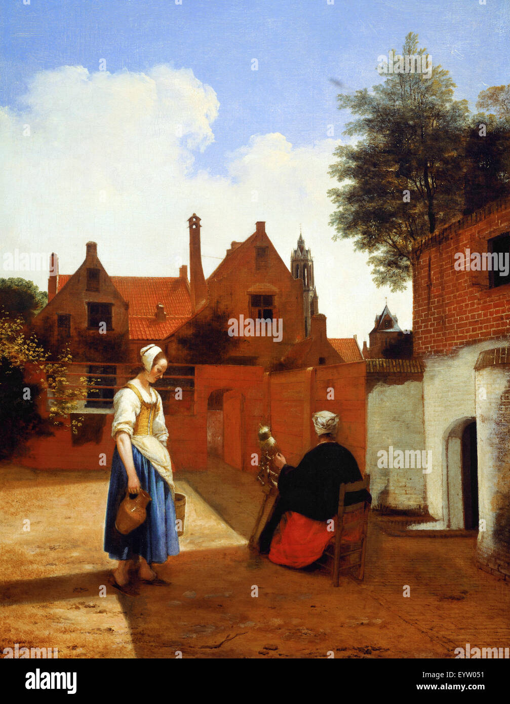 Pieter De Hooch, cortile in Delft a sera: una donna la filatura 1656-1657 Olio su tela. Collezione Reale del Regno Unito Foto Stock