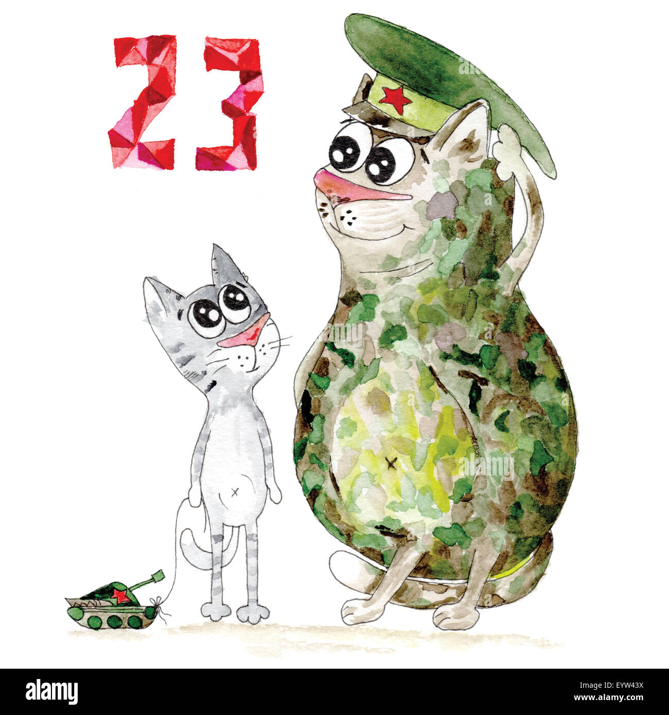 23 febbraio illustrazione con esercito simpatico gatto e gattino Foto Stock