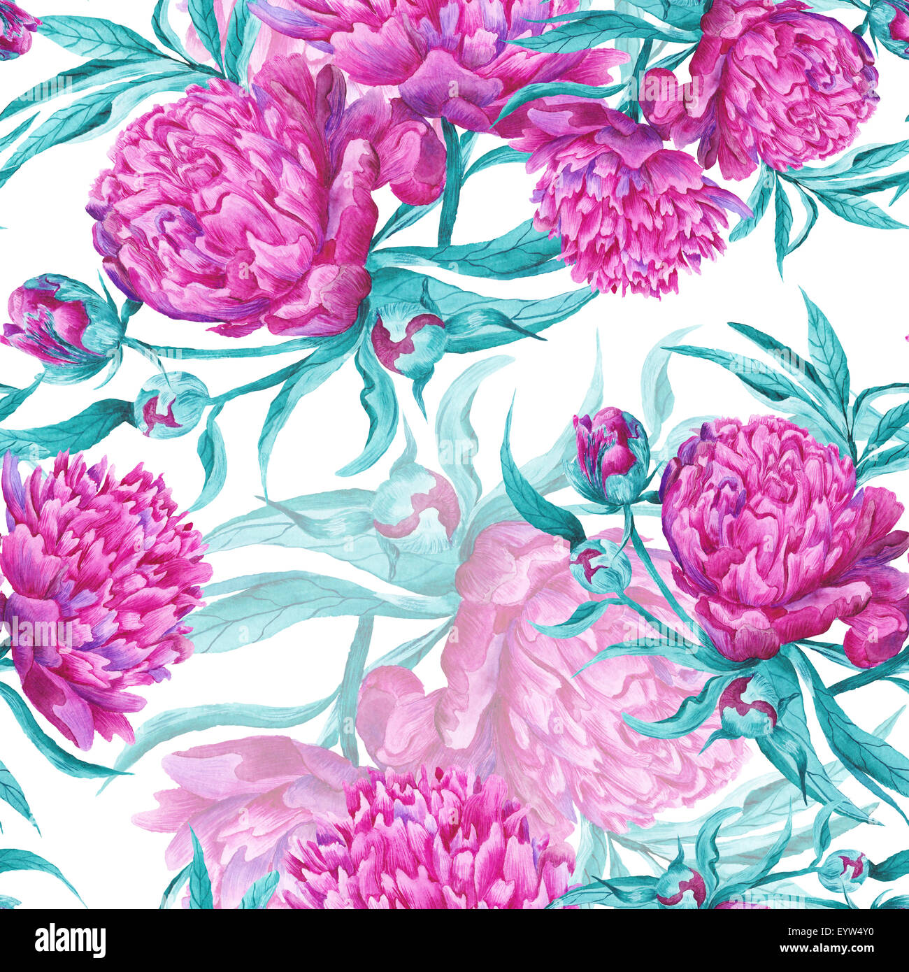 Seamless dipinte a mano e botanici con illustrazione dettagliata peonia rosa fiori su sfondo bianco Foto Stock