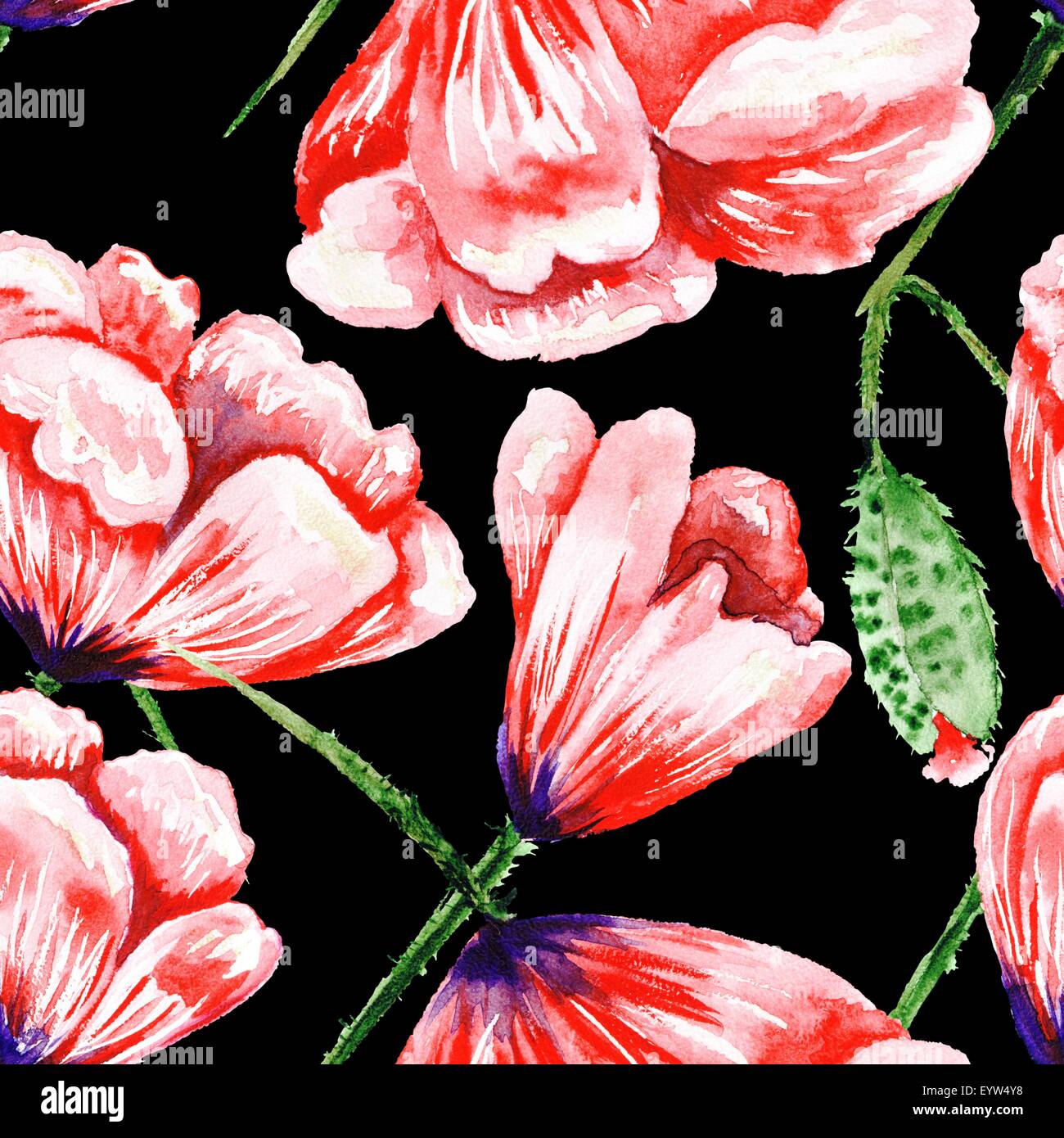 Acquarello dipinto a mano texture floreali con fiori di colore rosso su sfondo bianco per i giovani alla moda ed elegante design romantico Foto Stock
