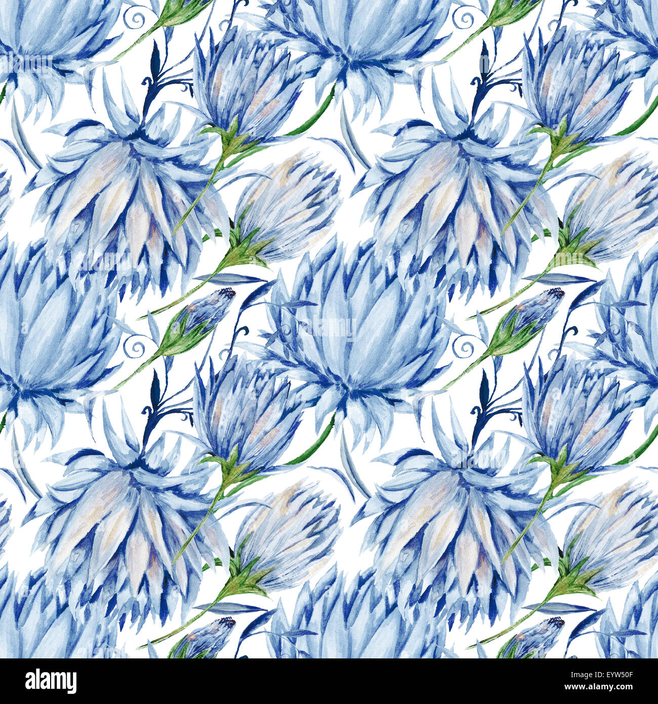 Seamless acquerello su sfondo blu con fiori isolati su sfondo bianco, morbido e tenero, per il design romantico come la parete Foto Stock