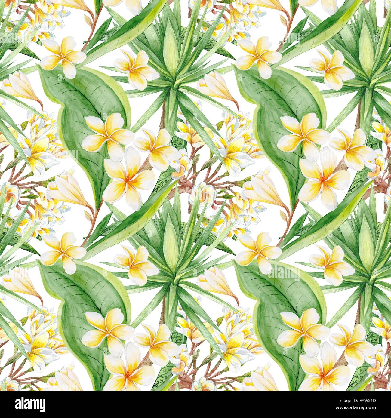Seamless dipinte a mano e acquerello con sfondo giallo plumeria e verde yucca tree per i tessili, interni e wallpaper design Foto Stock