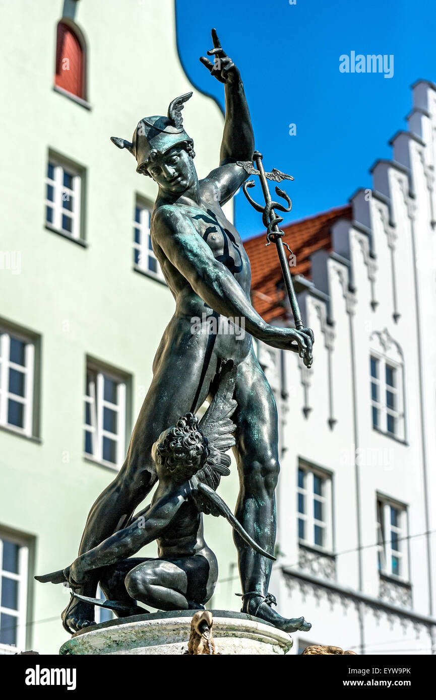 Statua del dio Mercurio, il messaggero degli dèi, Fontana di mercurio, Augsburg, Svevia, Baviera, Germania Foto Stock