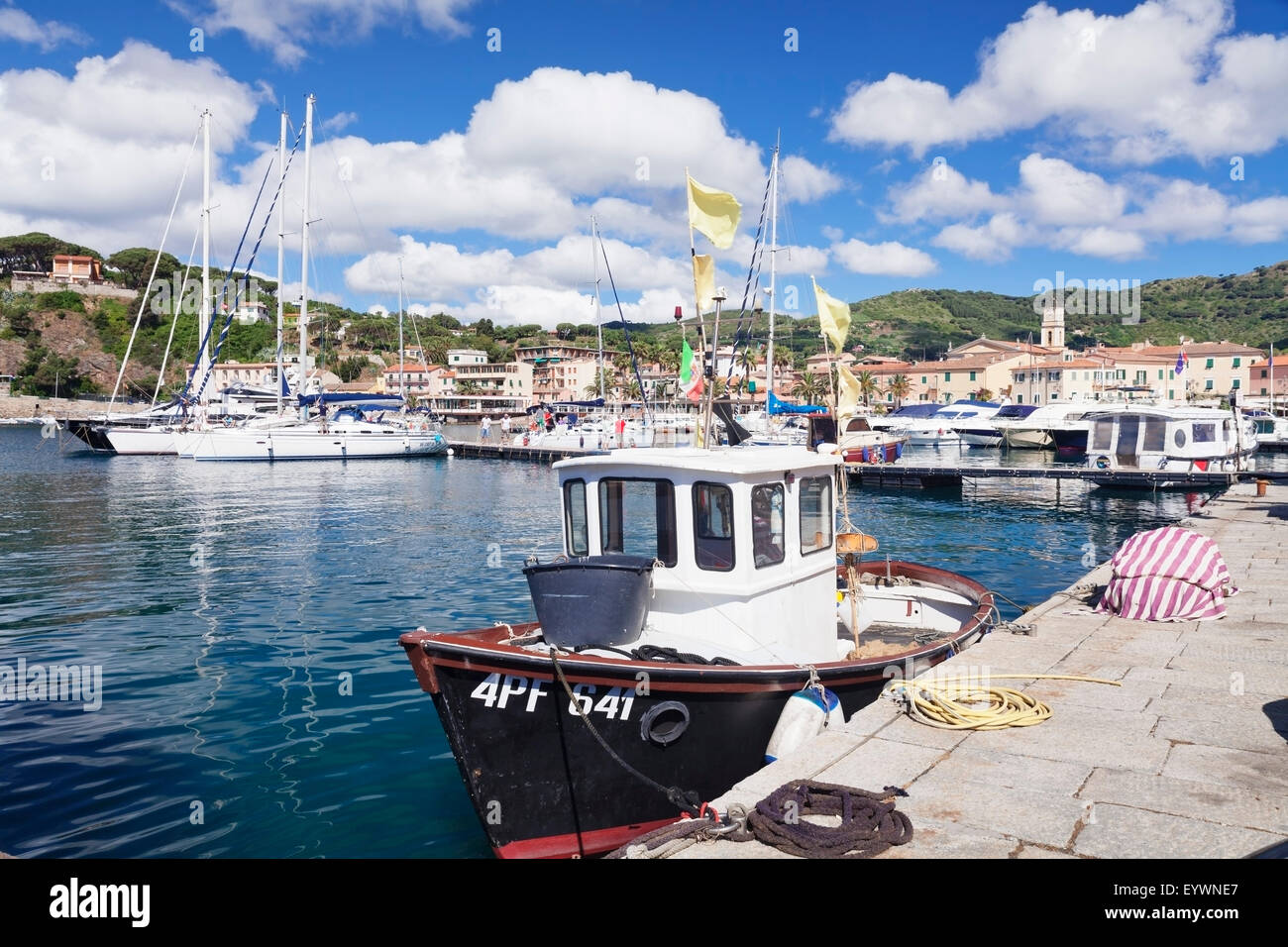 Porto con barche da pesca, Porto Azzurro, Isola d'Elba, Provincia di Livorno, Toscana, Italia, Mediterraneo, Europa Foto Stock