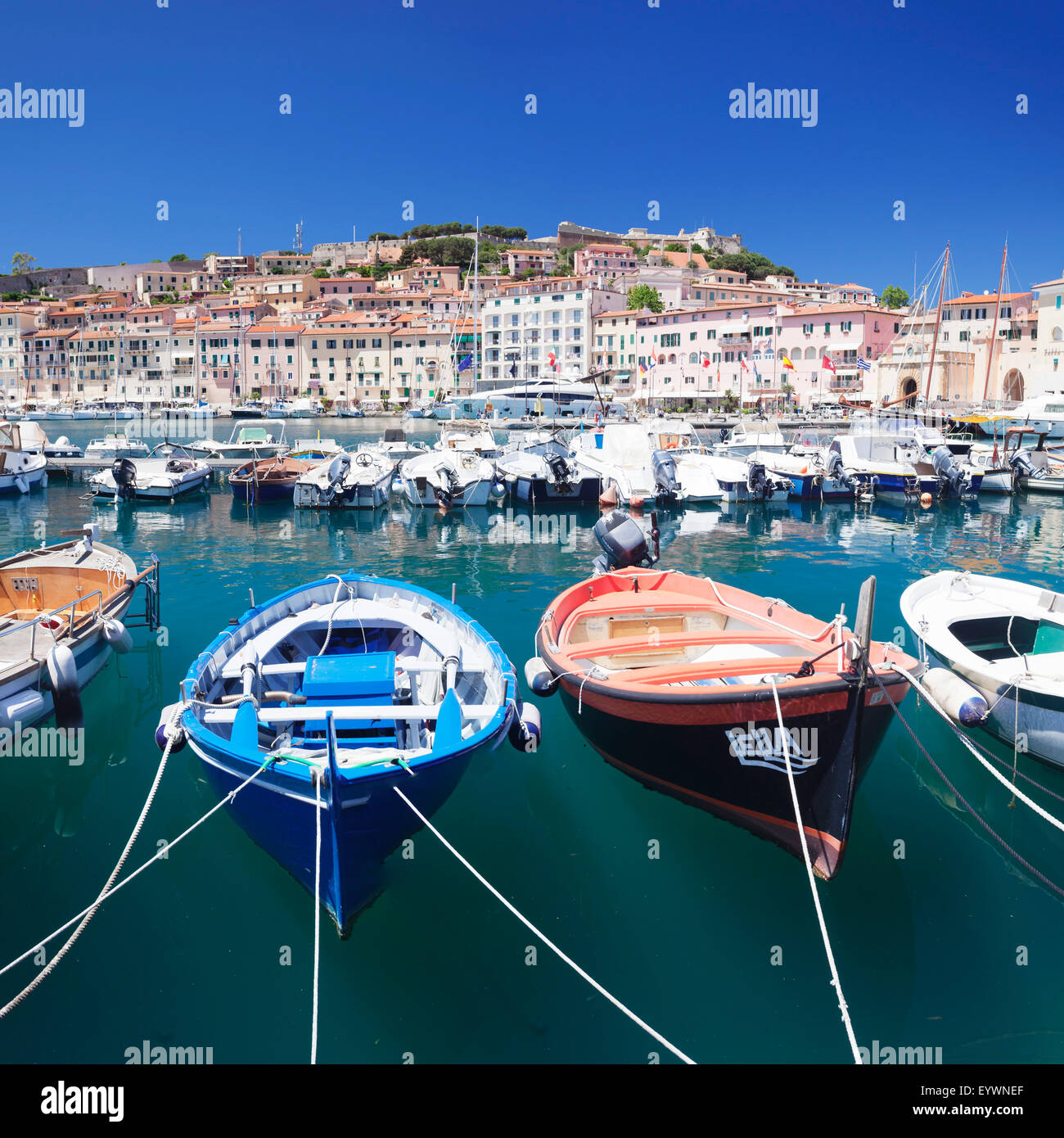 Porto con barche da pesca, Portoferraio, Isola d'Elba, Provincia di Livorno, Toscana, Italia, Mediterraneo, Europa Foto Stock